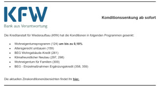 Konditionssenkung bei der KfW ab 29.08.2024