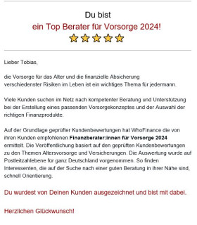 Du bist ein Top Berater für Vorsorge 2024!  ⭐⭐⭐⭐⭐