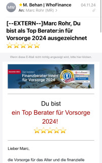 Sie sind als Top Berater für Altersvorsorge 2024 ausgezeichnet! ⭐⭐⭐⭐⭐/4.11.2024