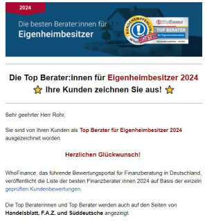 Auszeichnung als Top Berater für Eigenheimbesitzer 2024, ⭐ Deine Kunden zeichnen Dich aus! ⭐